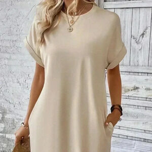 Apicot Orange Boho Womens Solid Batwing Sleeve Hidden Pocket Tee Dress